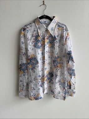 White Floral Lace-Effect Button-Down Shirt with Blue and Mustard Blooms